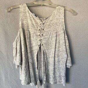 BB Dakota 100% Linen Gray Cold Shoulder Lace-Up Back Top | Size S